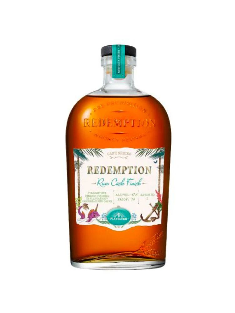 Redemption Rum Cask Finish Rye Whiskey bottle on white background