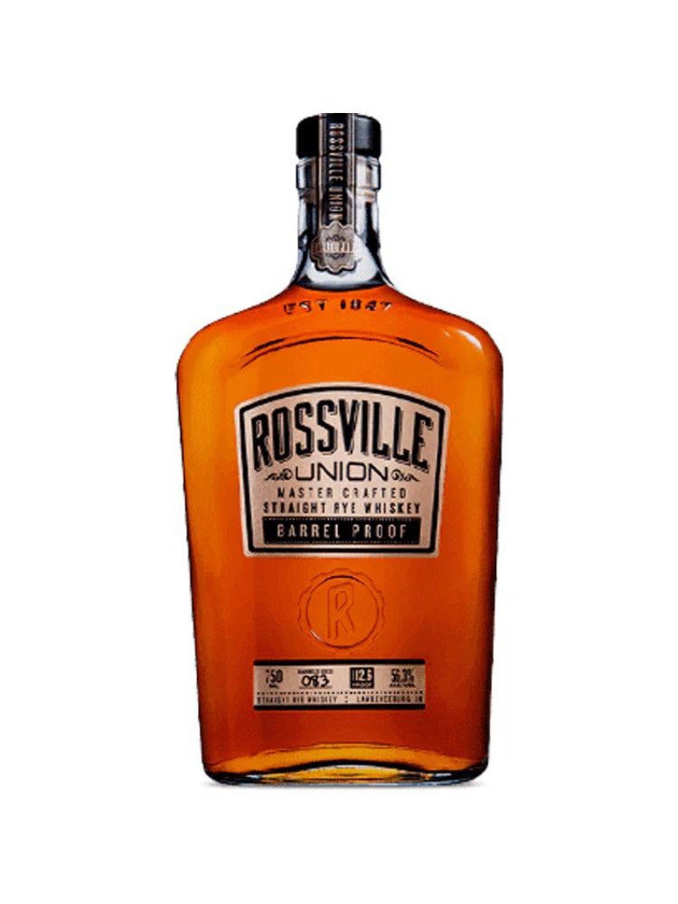 Rossville Union Barrel Proof Straight Rye Whiskey bottle on white background