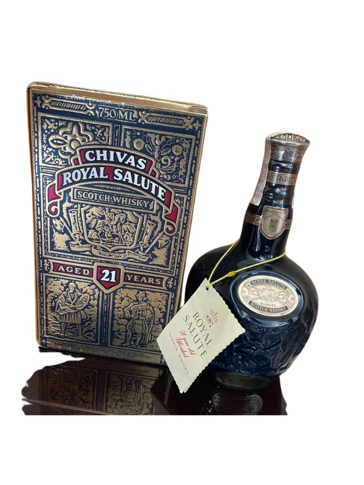 Royal Salute 21 Year Blended Scotch Whisky, 750mL Bottle with Original Box, Tag, and Pouch on White Background
