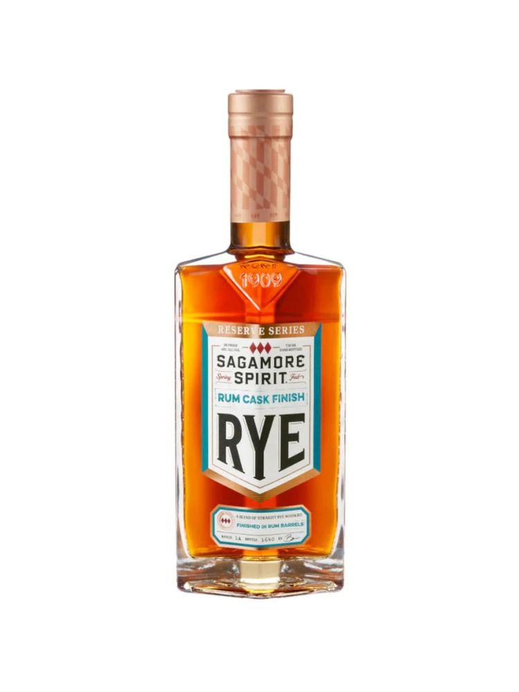 Sagamore Spirit Rum Cask Finish Rye bottle on white background.