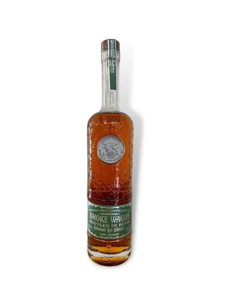 Smoke Wagon Bottled In Bond Straight Rye Whiskey bottle on white background.
