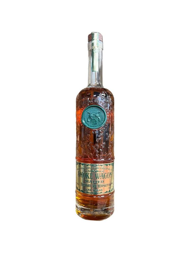 Smoke Wagon Malted Straight Rye Whiskey bottle on white background.