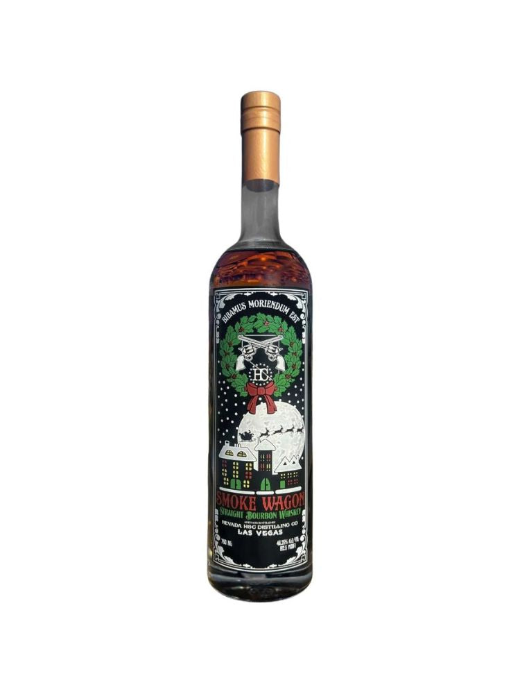 Smoke Wagon Straight Bourbon Christmas 2023 Limited Edition bottle on white background