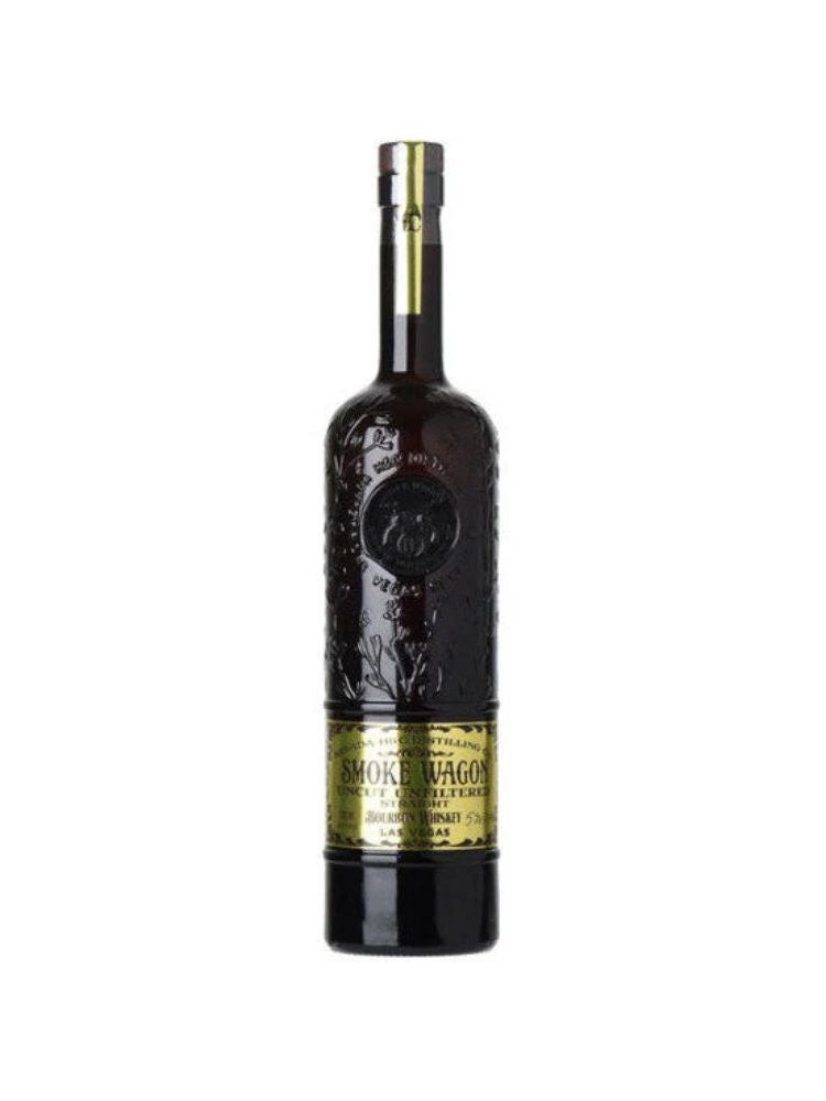 Smoke Wagon Uncut Unfiltered Bourbon Whiskey bottle on white background
