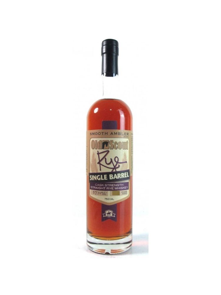 Smooth Ambler Old Scout Single Barrel Cask Strength Rye bottle on white background.