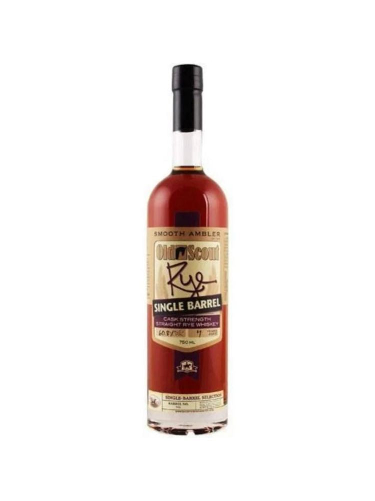 Smooth Ambler Old Scout Single Barrel Rye bottle on white background.