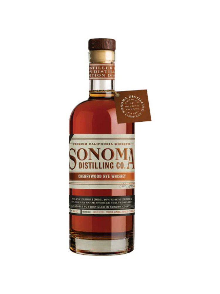 Sonoma Distilling Cherrywood Rye Whiskey bottle on white background.