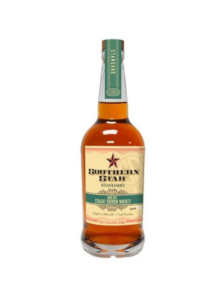Southern Star Standard High Rye Straight Bourbon Whiskey bottle on white background.