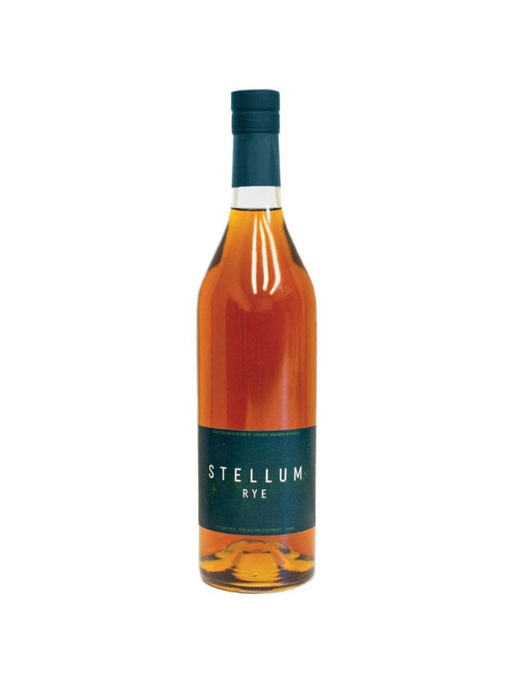 Stellum Rye Whiskey bottle on white background.