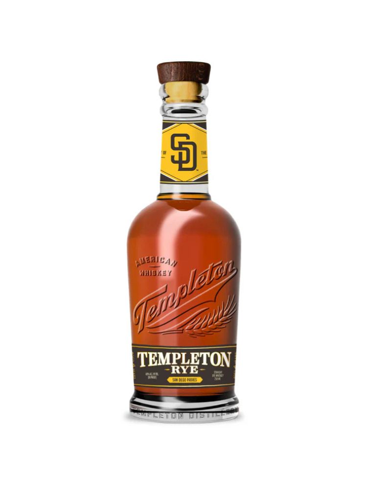 Templeton Rye Whiskey San Diego Padres Edition bottle on white background.