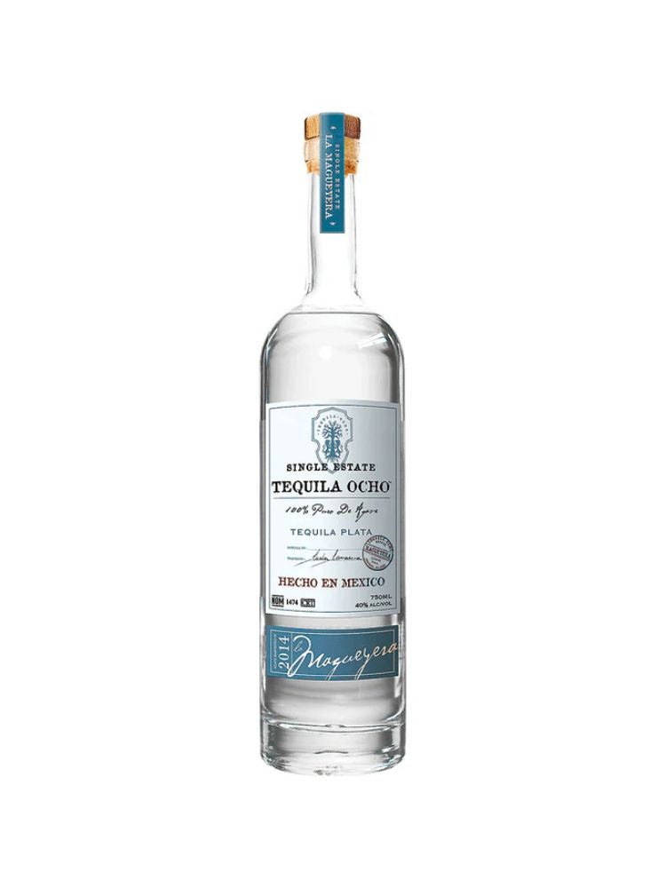 Tequila Ocho Plata, 750mL bottle on white background.