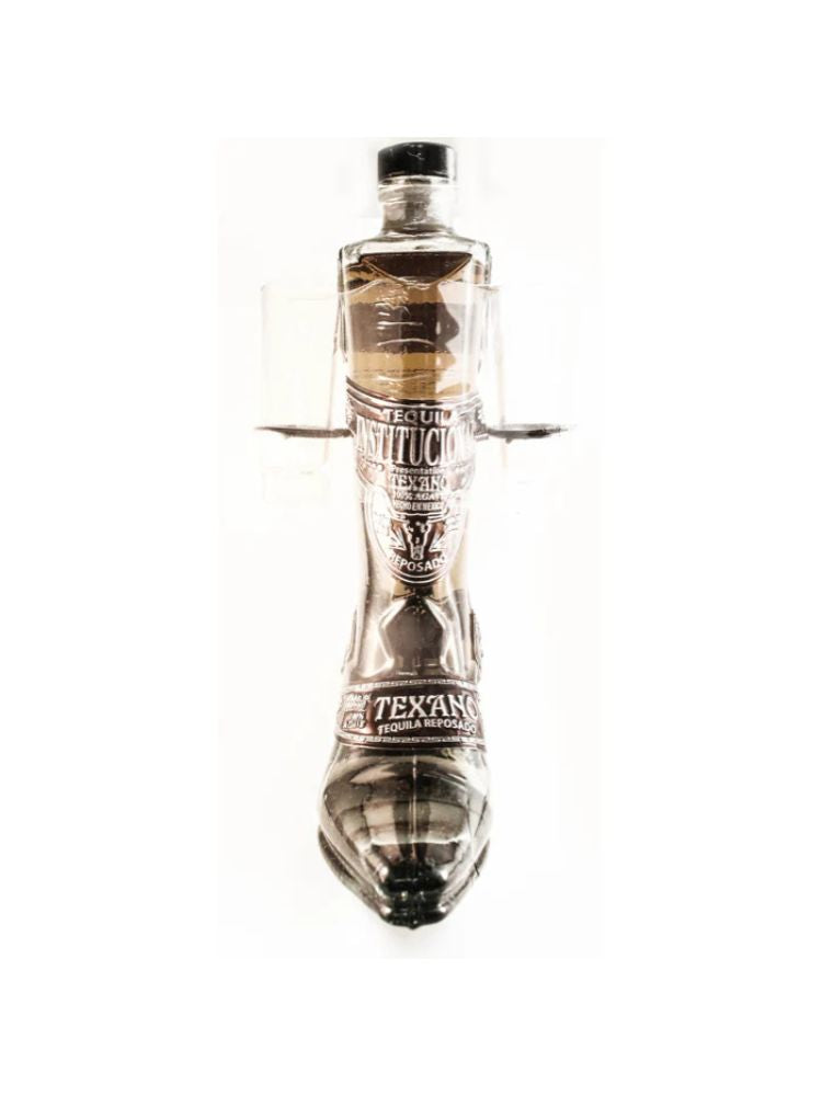 Texano Reposado Cowboy Boot Tequila, 750mL bottle on white background.