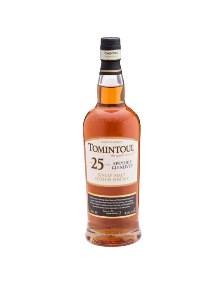 Tomintoul 25 Year Old Speyside Glenlivet Single Malt Scotch Whisky 86 Proof, 750mL Bottle on White Background
