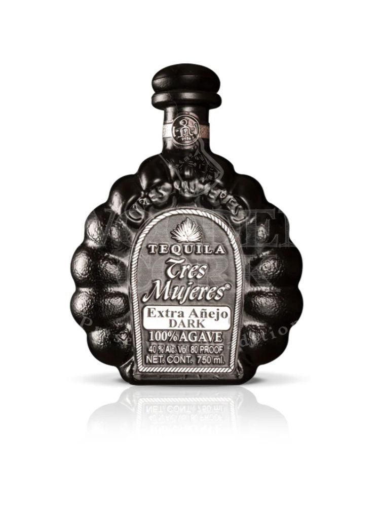 Tres Mujeres Extra Añejo Dark Tequila bottle on white background.