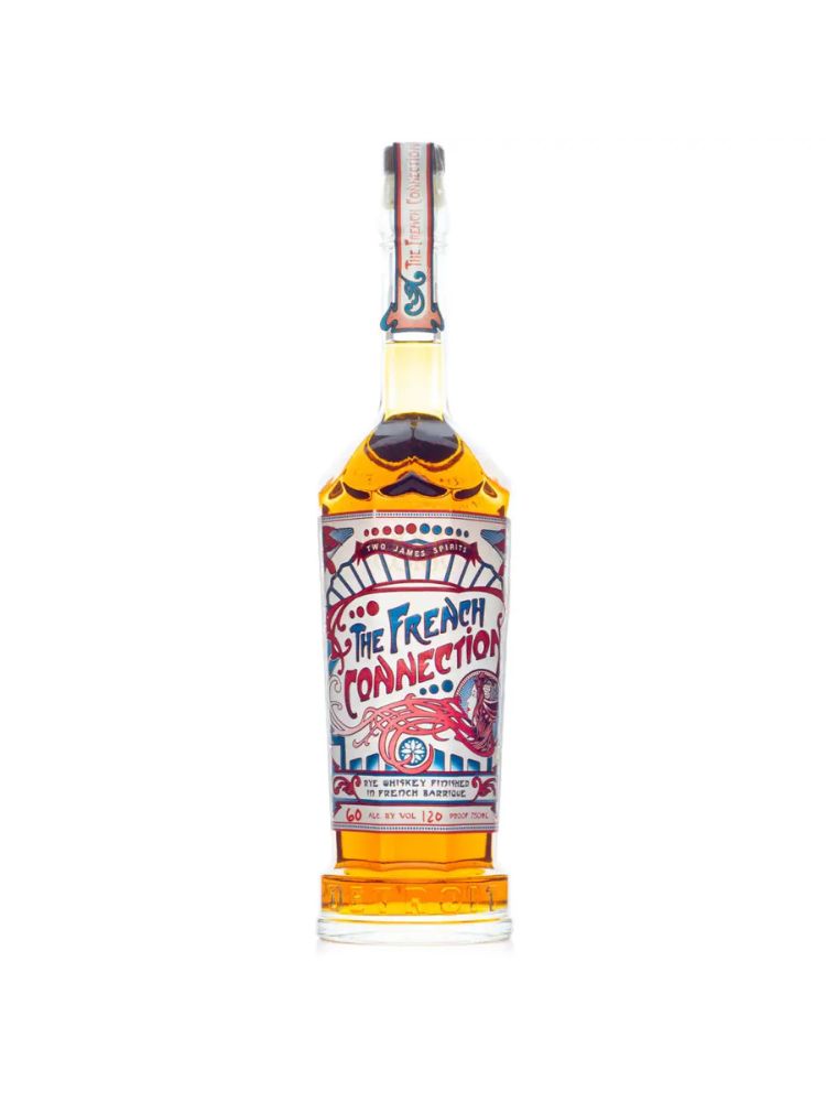 Two James French Connection Rye Whiskey bottle on white background.