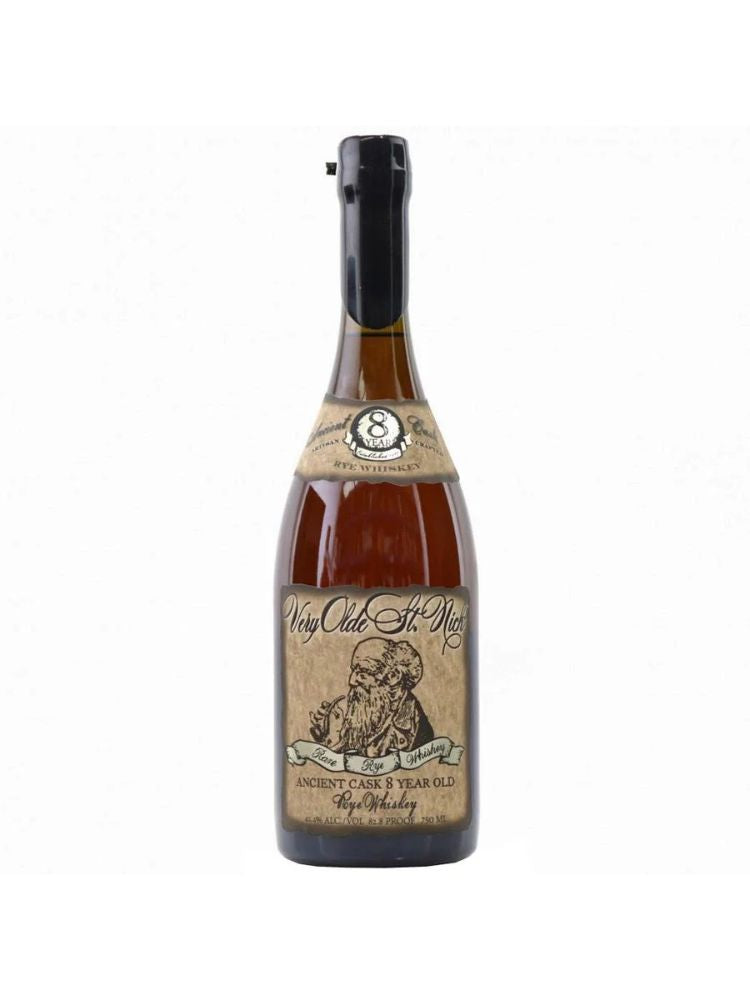 Very Olde St. Nick Ancient Cask 8-Year-Old Rye bottle on white background.