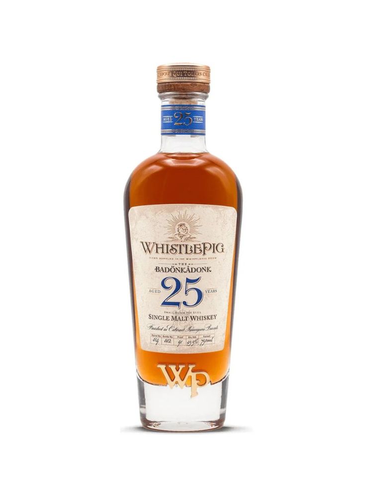 WhistlePig 25 Year Old The Badonkadonk Straight Rye Whiskey bottle on white background.